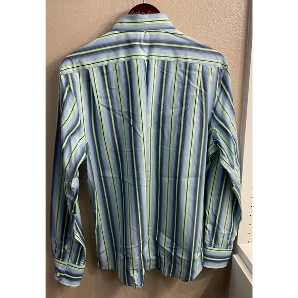 Gap Fitted Premium Mens M 15-15 1/2 Blue Green Striped Long Sleeve Button Up U - Picture 6 of 7